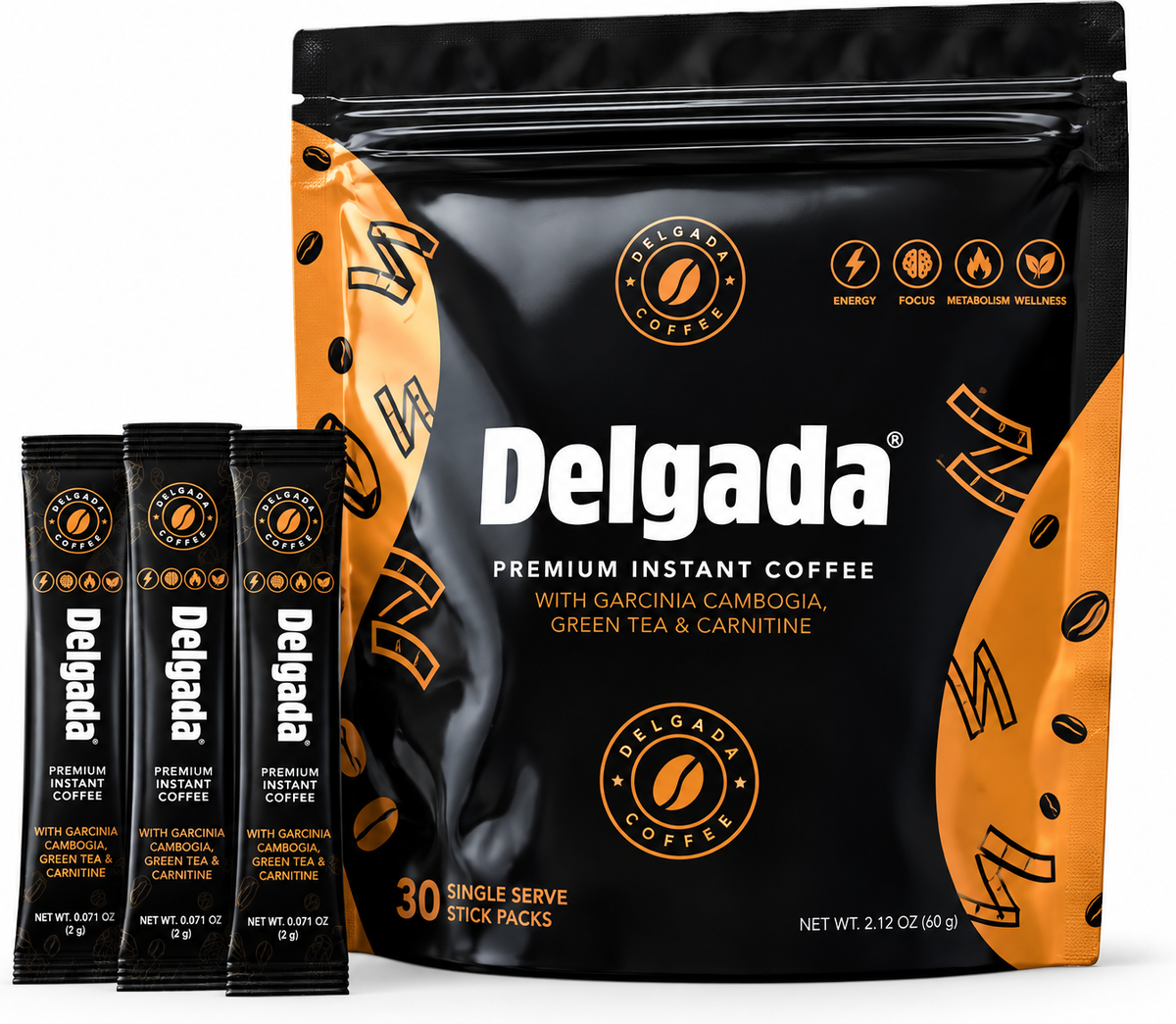 Delgada Premium Instant Coffee with Garcinia Cambogia, Green Tea & Carnitine – 30 Single Serve Stick Packs (2.12 oz / 60 g)