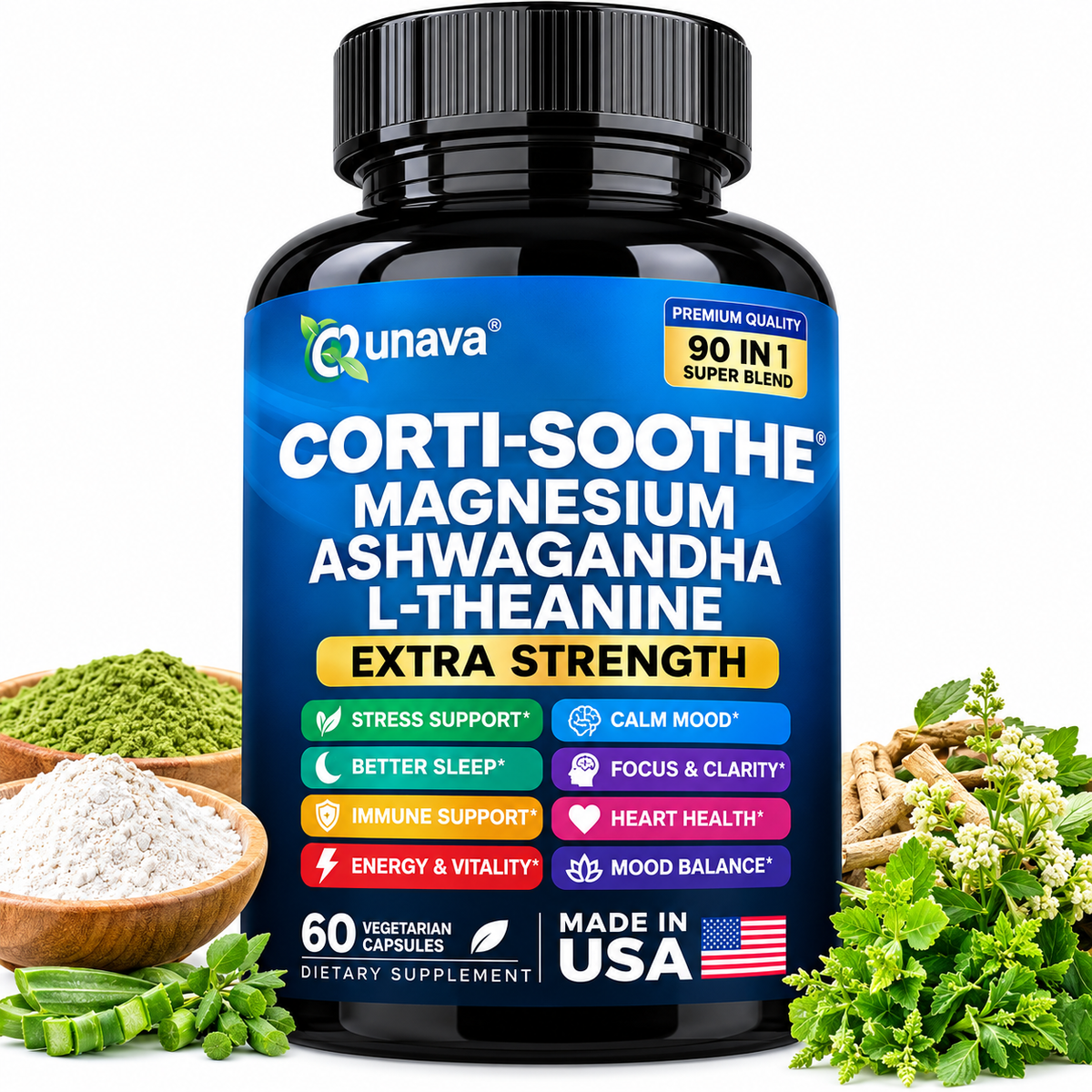 Qunava Corti-Soothe Magnesium Ashwagandha L-Theanine Extra Strength – 60 Vegetarian Capsules