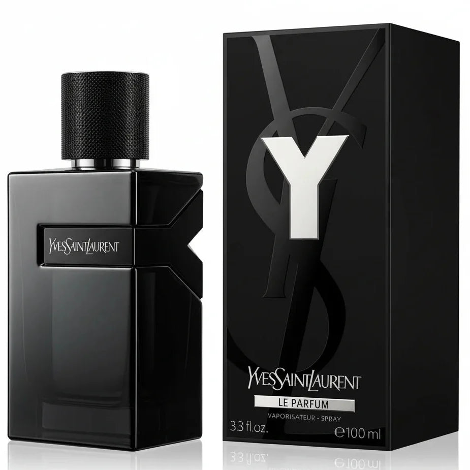 Black YSL perfume bottle and packaging on a white background
