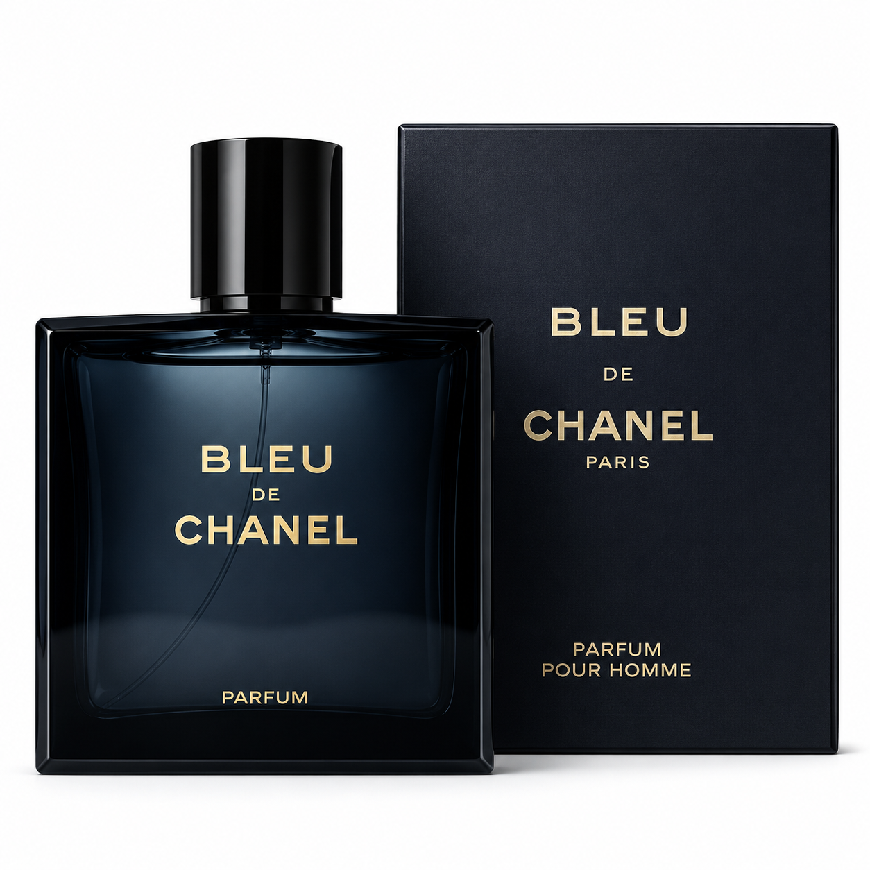 Bleu de Chanel perfume bottle and packaging on a white background