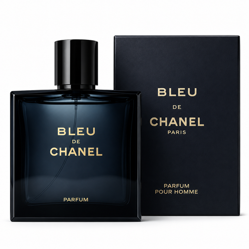 Bleu de Chanel perfume bottle and packaging on a white background