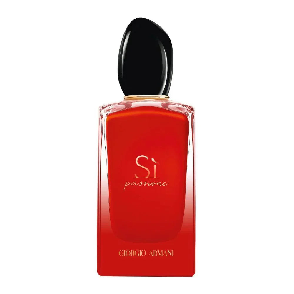 Red Giorgio Armani perfume bottle with black cap on a white background