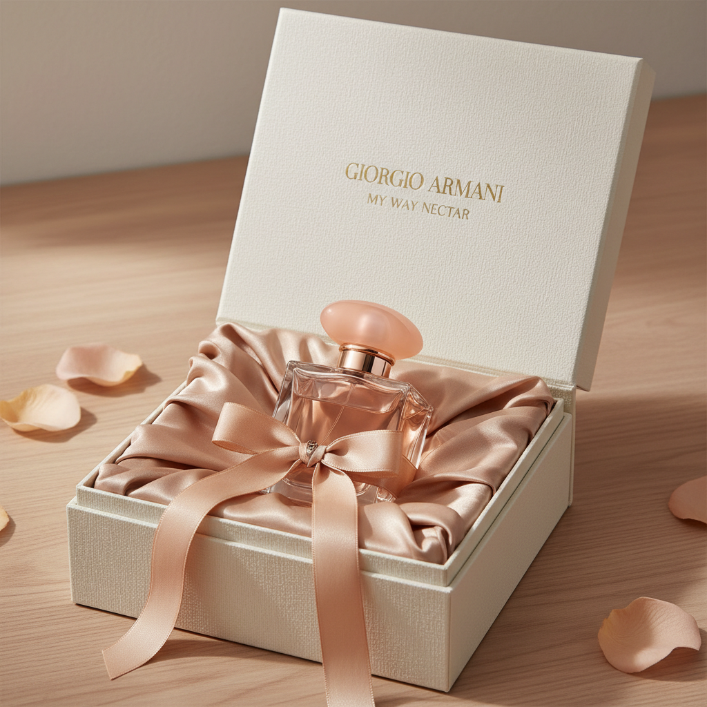 Giorgio Armani My Way Nectar EDP bottle in open luxury gift box with blush gold tissue and champagne ribbon