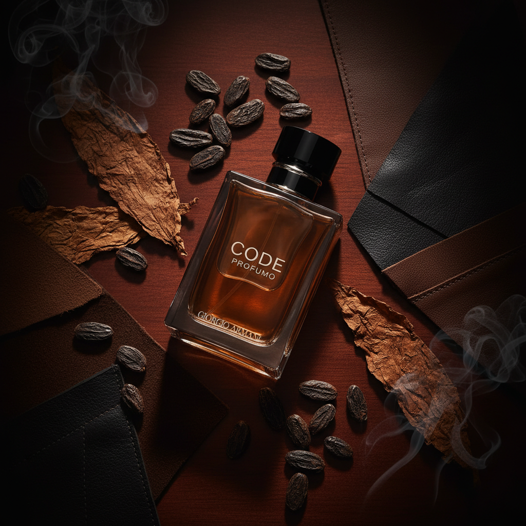Giorgio Armani Code Profumo bottle with tonka bean tobacco and leather on dark mahogany surface