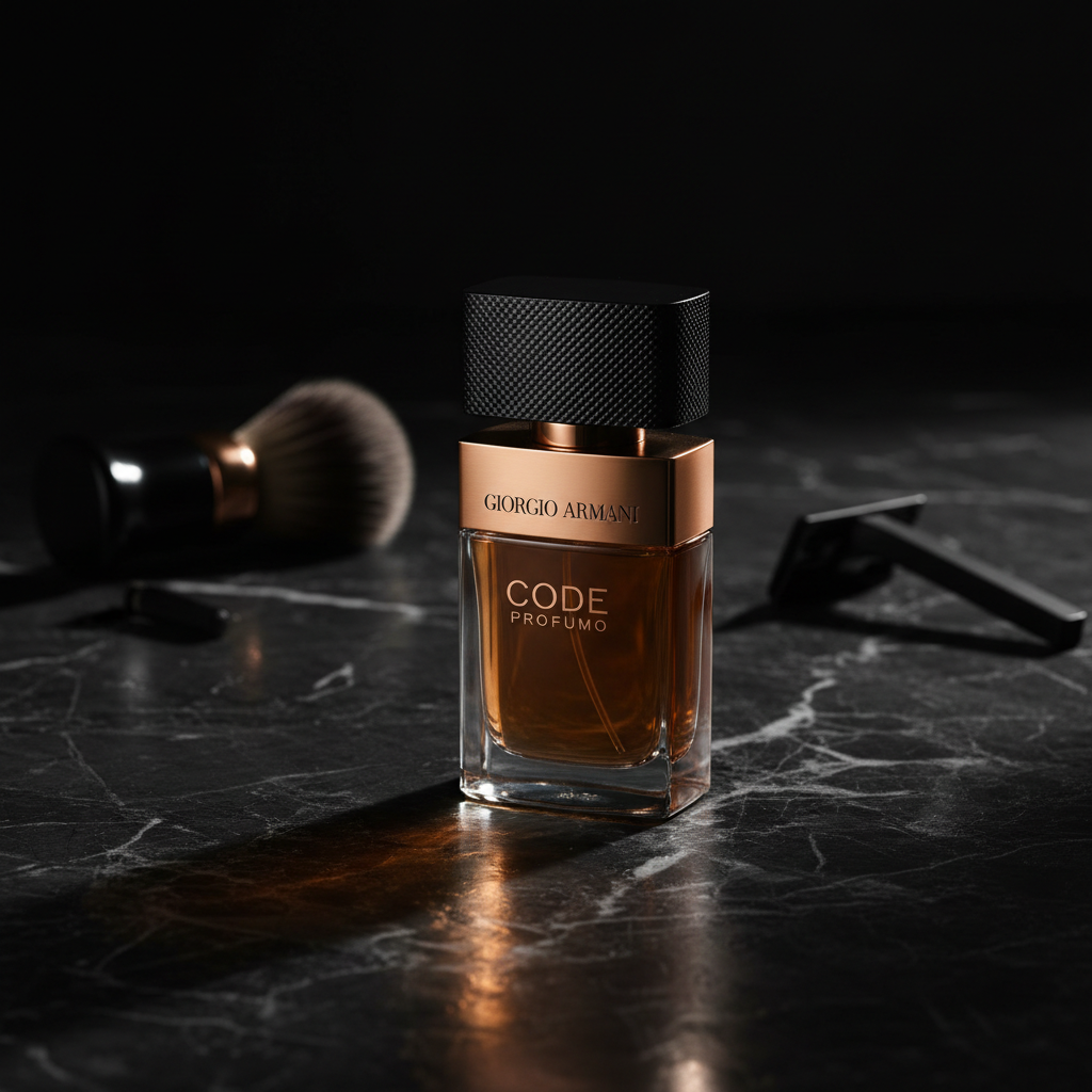 Giorgio Armani Code Profumo bottle on sleek black marble vanity with dramatic side lighting