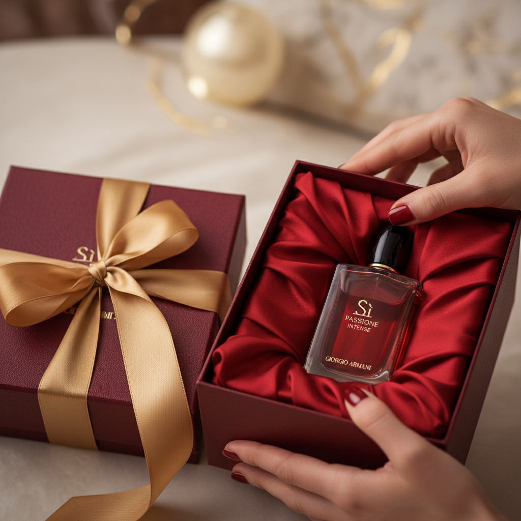 Giorgio Armani Si EDP bottle in open luxury gift box with deep red tissue and gold ribbon