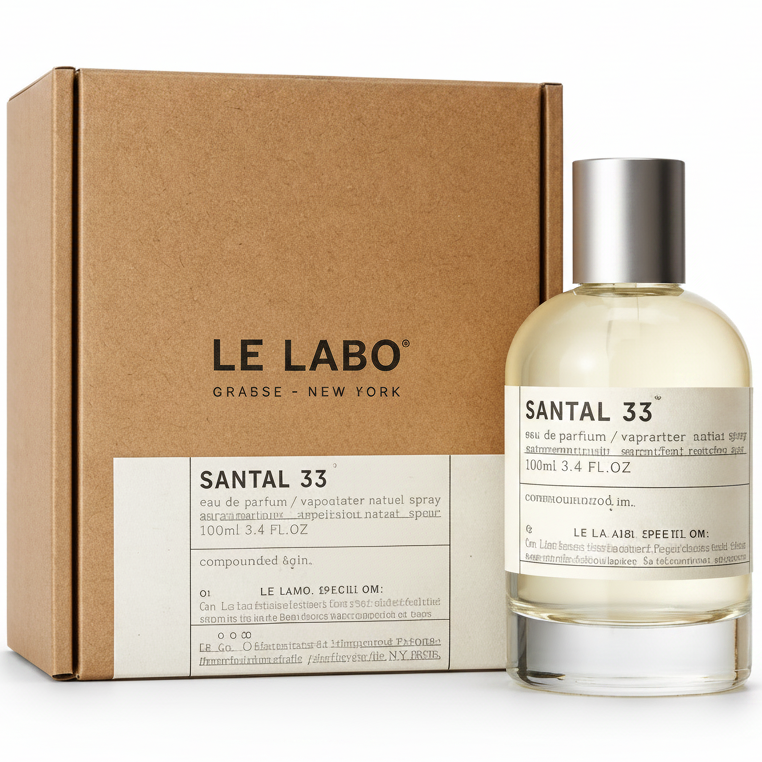 Le Labo Santal 33 eau de parfum bottle and packaging on a white background