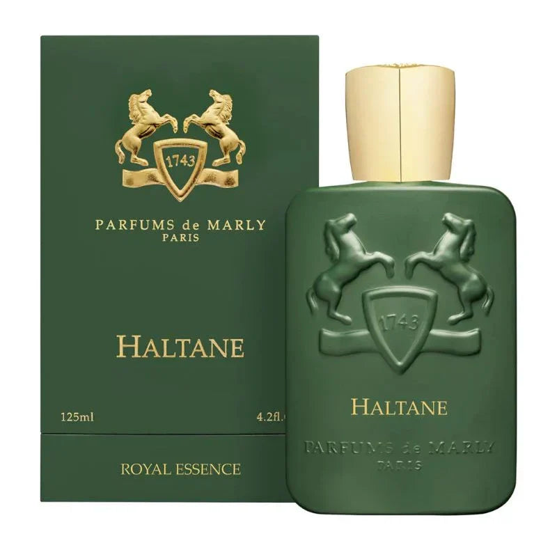 Green Haltane perfume bottle and packaging on a white background