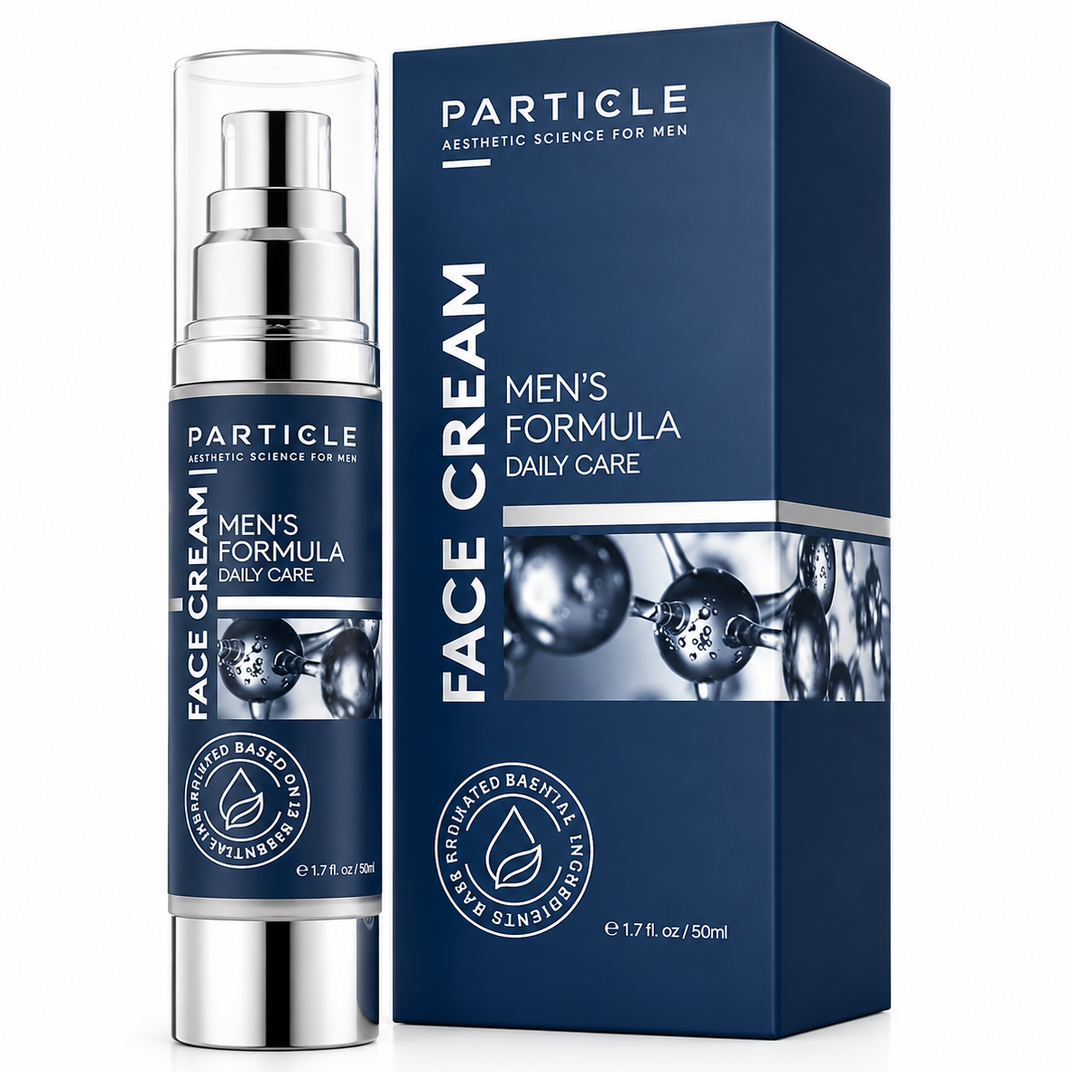 Particle men's face cream with packaging on a white background