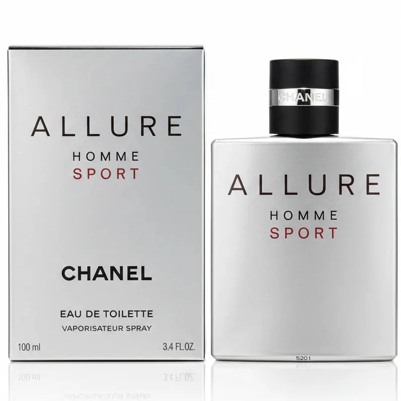 Chanel Allure Homme Sport perfume bottle and packaging on a gray background