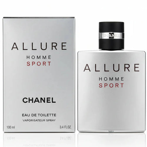 Chanel Allure Homme Sport perfume bottle and packaging on a gray background