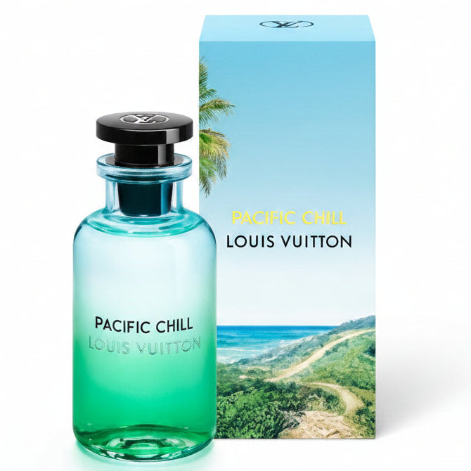Louis Vuitton Pacific Chill perfume bottle with packaging on a white background