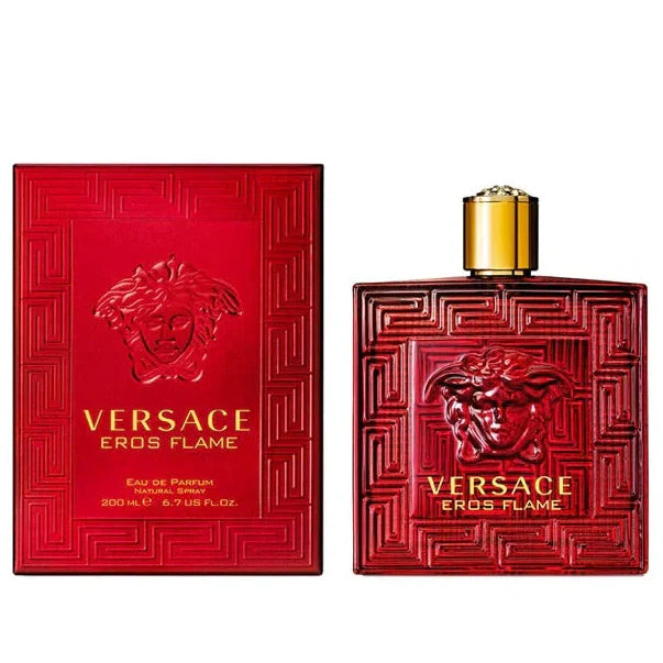 Versace Eros Flame perfume bottle and packaging on a white background