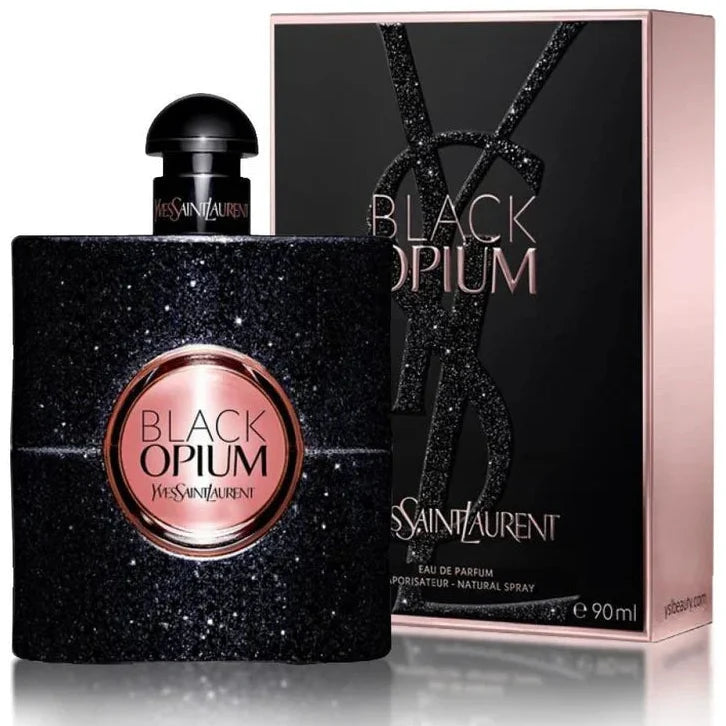Yves Saint Laurent Black Opium perfume bottle and packaging on a white background